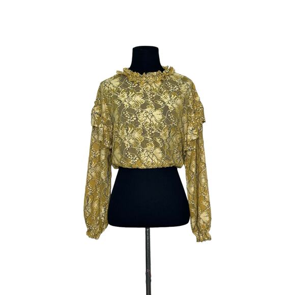 Zara yellow mustard floral lace long sleeves crop top size S - Picture 5 of 8